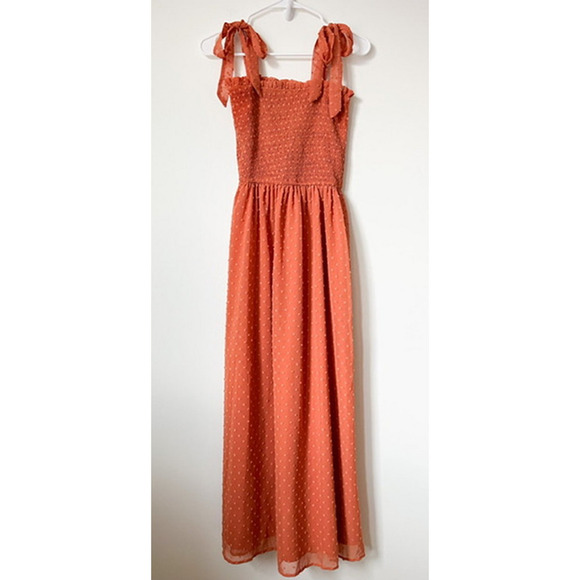 Zesica Dresses & Skirts - Zesica Swiss Dot Tie Strap Smocked Maxi Dress Terracotta Small Spring Summer
